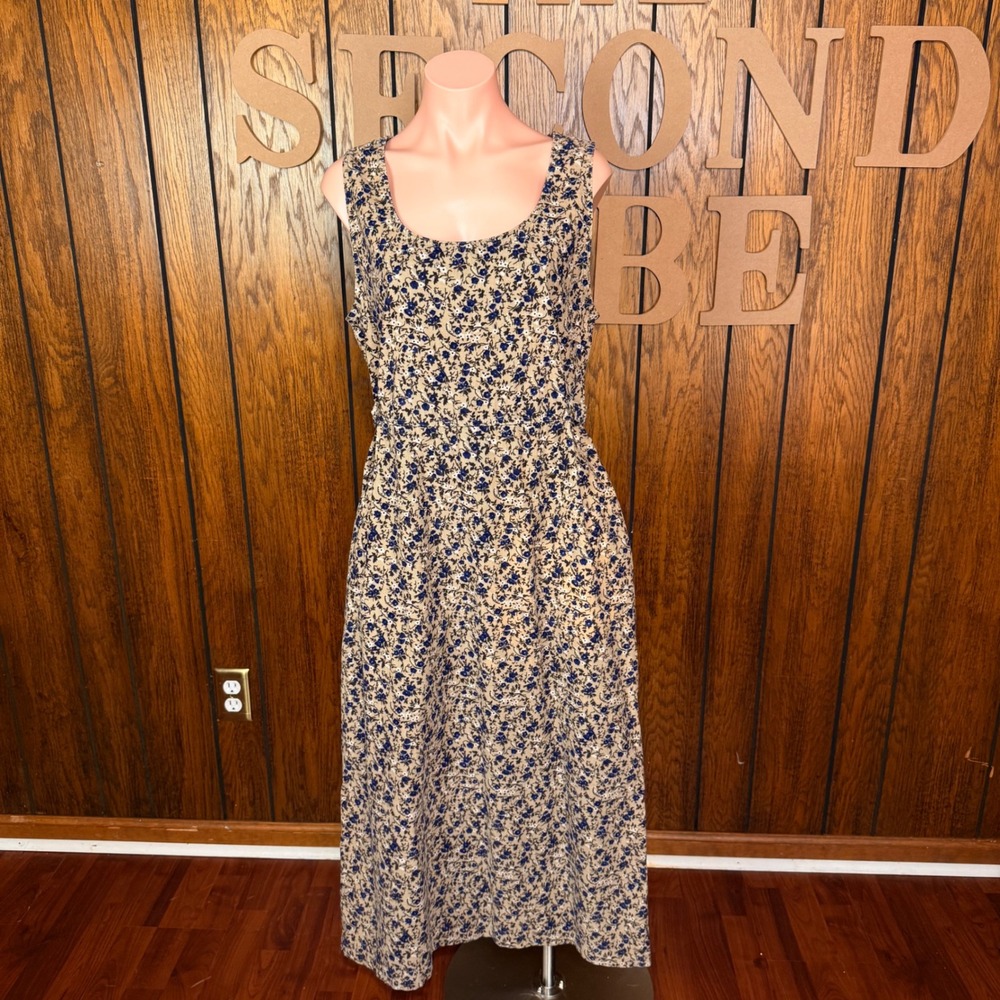Tan Floral Bobbie Brooks Corduroy Maxi Dress Women L 90s Cottagecore Prairie VTG